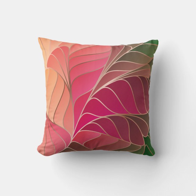 Coussin Rose Chaud, Corail, Pêche, Vert Nouveau Style Art  (Recto)
