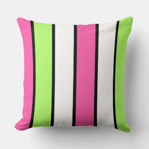 Coussin Rose chaud, vert citron, noir et blanc rayures