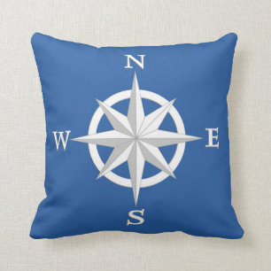 Coussin rose de boussole 8-Point, blanc et bleu de cobalt