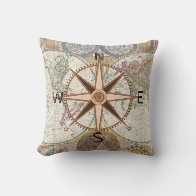 Coussin Rose de boussole d'explorateur du monde (Recto)