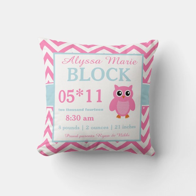 Coussin rose de faire-part de bébé bleu de hibou (Recto)