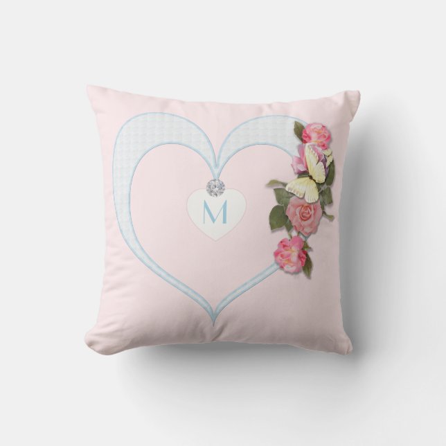 Coussin Rose de monogramme, coeur, fleurs, papillon - (Recto)