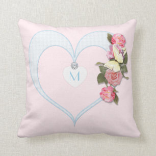 Coussin Rose de monogramme, coeur, fleurs, papillon -