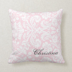 Coussin rose de monogramme de motif de damassé