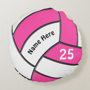 Coussin rose et blanc de volleyball avec le nom,