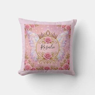 Coussin Rose et papillon de fée princesse floral rose or