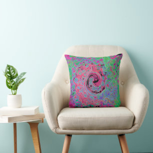 Coussin Rose et vert citron tourbillonnant abstrait rétro