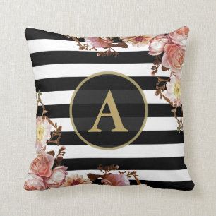 Coussin Rose Floral or Monogramme noir blanc bande