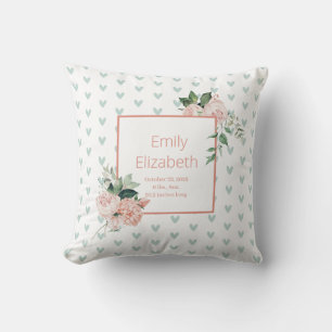 Coussin Rose Florale Vert Sauge Aquarelle Fille Bébé Flora