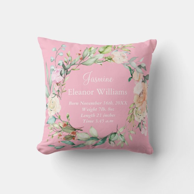 Coussin Rose Garland Personnalisé Baby Birth Statistiques (Recto)