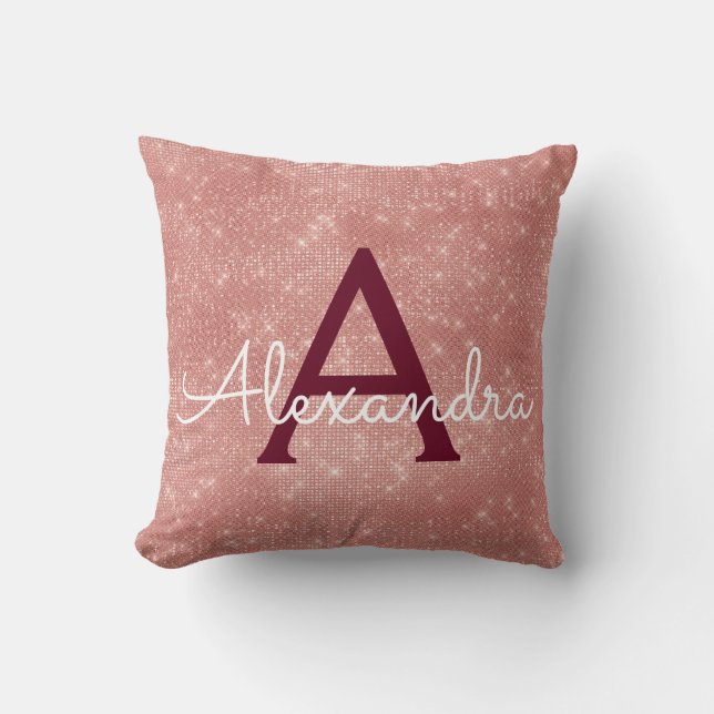 Coussin Rose Gold Burgundy Sparkle Nom du monogramme (Recto)