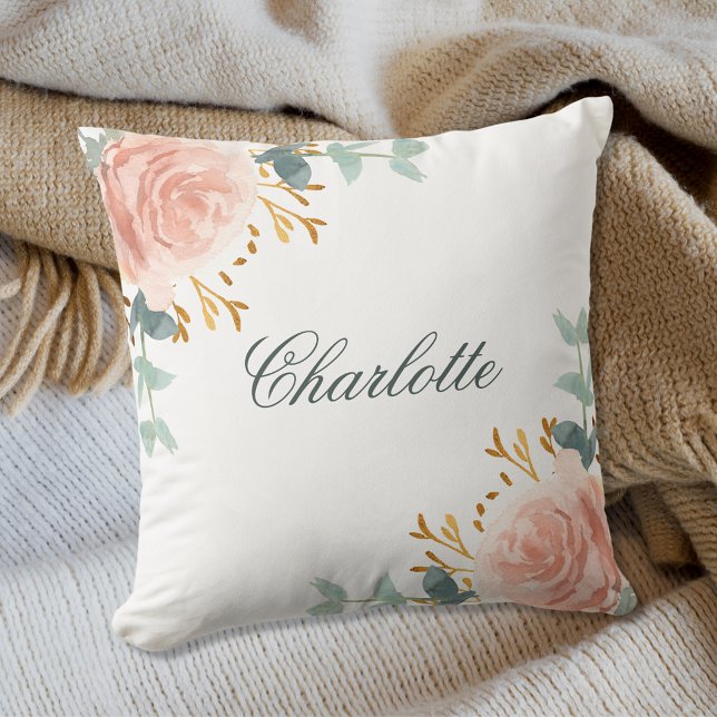 Coussin Rose gold fard à joues fleurs verdure nom écriture (Créateur téléchargé)
