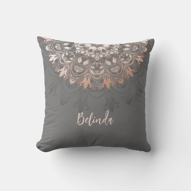 Coussin Rose Gold Grey Floral Mandala Monogramme (Recto)