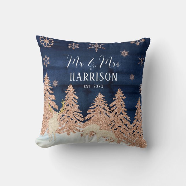 Coussin Rose Gold Pailleté Nuit Marine Forêt Mr et Mme (Recto)