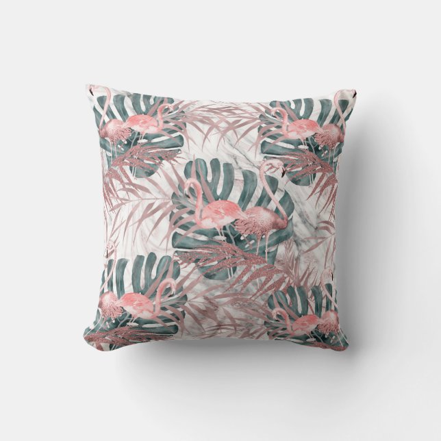 Coussin Rose Gold Tropical Flamants roses Feuilles et marb (Recto)