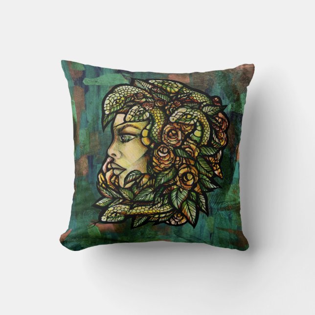 Coussin Rose Gorgon de serpents de Medusa verte (Recto)