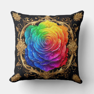 Coussin Rose multicolore aux fioritures dorées ornées