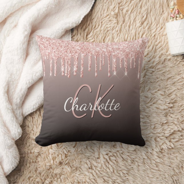 Coussin Rose or noir parties scintillant gouttes nom monog (Couverture)
