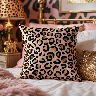 Coussin Rose Pâle et Imprimé Animal à Taches de Léopard en