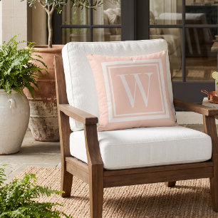 Coussin Rose Pâle et Monogramme Carré Classique Blanc