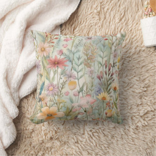 Coussin Rose Pâle Violet Jaune Fleurs Sauvages Sage Vert 