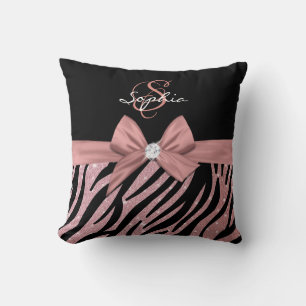 Coussin Rose Parties scintillant or noir Zebra Stripes Bow