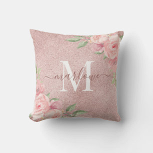 Coussin Rose Parties scintillant or rose pâle rose floral