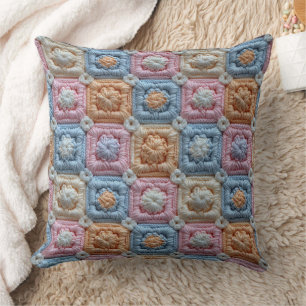 Coussin Rose pastel bleu ivoire orange aspect crochet