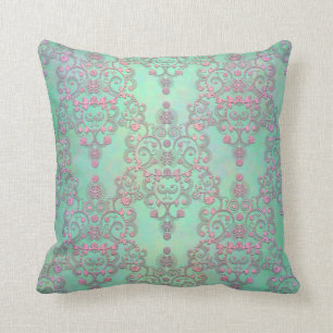 Coussin Rose pastel sur floral damask vert menthe