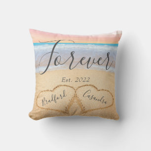 Coussin Rose Poudré Chic Plage Couple Cœurs Sable 