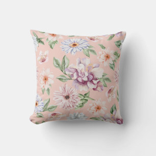 Coussin Rose Poussiéreux Aquarelle Fleurs Lavande et Pêche