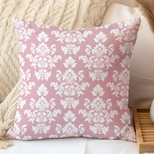 Coussin Rose Poussiéreux et Damassé Vintage Blanc