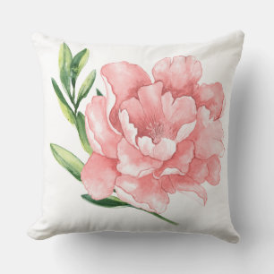 Coussin Rose rose en aquarelle aux feuilles de branche ver
