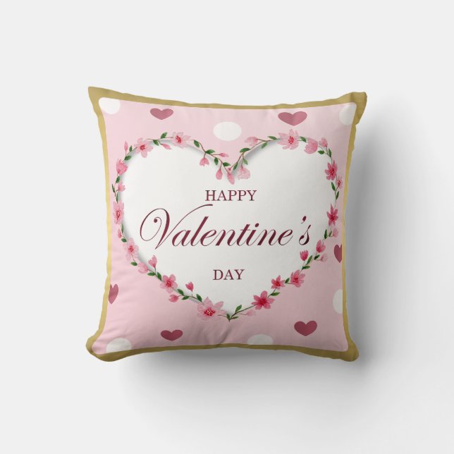 Coussin Rose Rose Floral Coeurs Cadeaux de la Saint Valent (Recto)