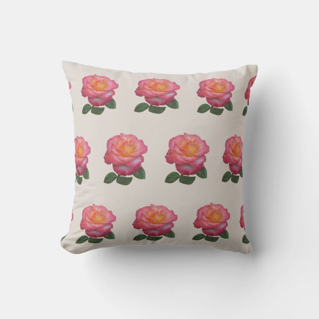 Coussin Rose rose Motif sur sable beige (Recto)