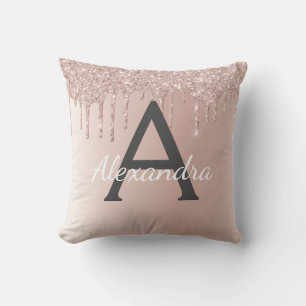 Coussin Rose Rose Or Brossé métal Girly Script Monogramme