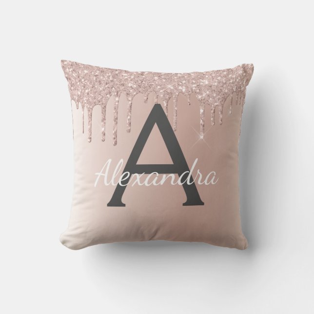 Coussin Rose Rose Or Brossé métal Girly Script Monogramme (Recto)