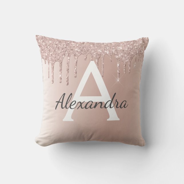 Coussin Rose Rose Or Brossé métal Girly Script Monogramme (Recto)