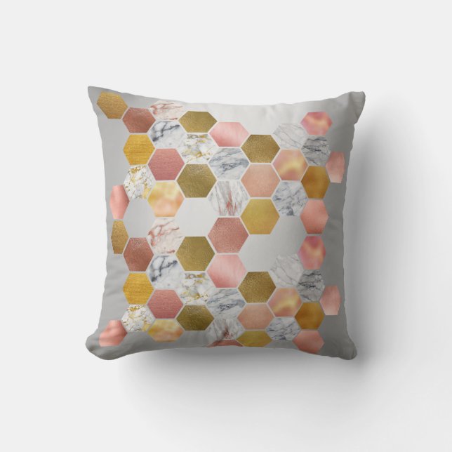 Coussin Rose Rose Or Faux Métal Marbre Hexagons Argent (Recto)