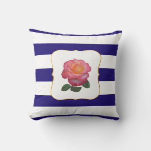 Coussin Rose rose sur bleu marine et blanc rayé