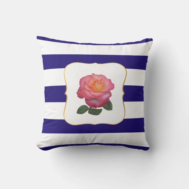 Coussin Rose rose sur bleu marine et blanc rayé (Recto)