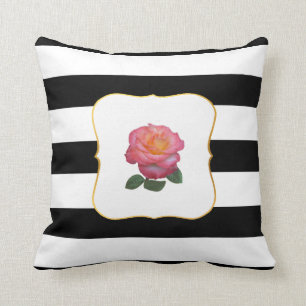 Coussin Rose rose sur rayures noires et blanches