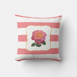 Coussin Rose rose sur rayures roses et blanches