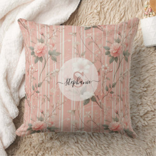 Coussin Rose rose vintage sur Arrière - plan rose rayé