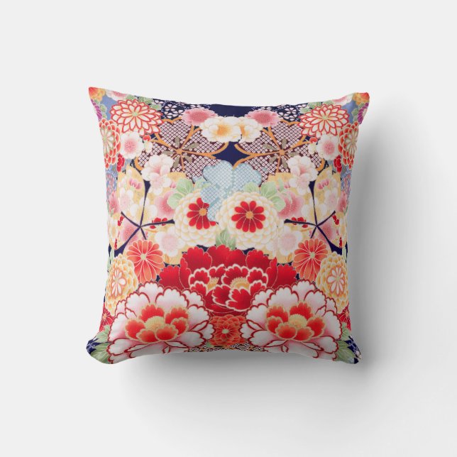 Coussin ROSE ROUGE BLANC FLEURS pivoines, Floral japonais  (Recto)