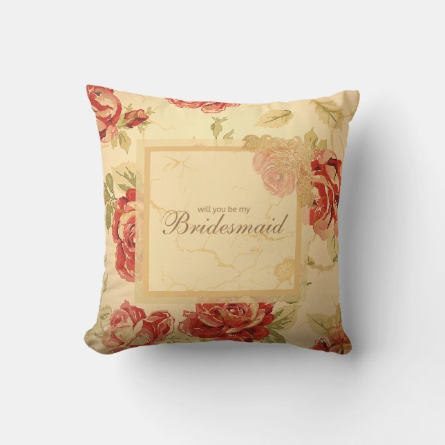 Coussin Rose rouge, crème, bronzage, antique à fleurs (Recto)