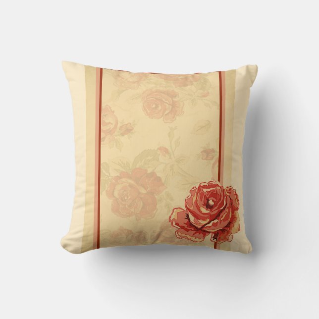Coussin Rose rouge, crème, bronze antique floral (Recto)