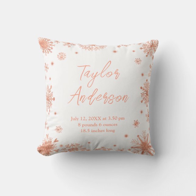 Coussin Rose Snowflakes Gold sur White Birth Stats (Recto)