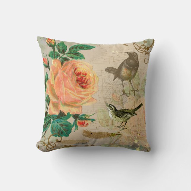 Coussin Rose victorien et jardin d'oiseaux (Recto)