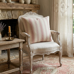 Coussin Rose Vintage et Rayures Crème de Style Campagnard